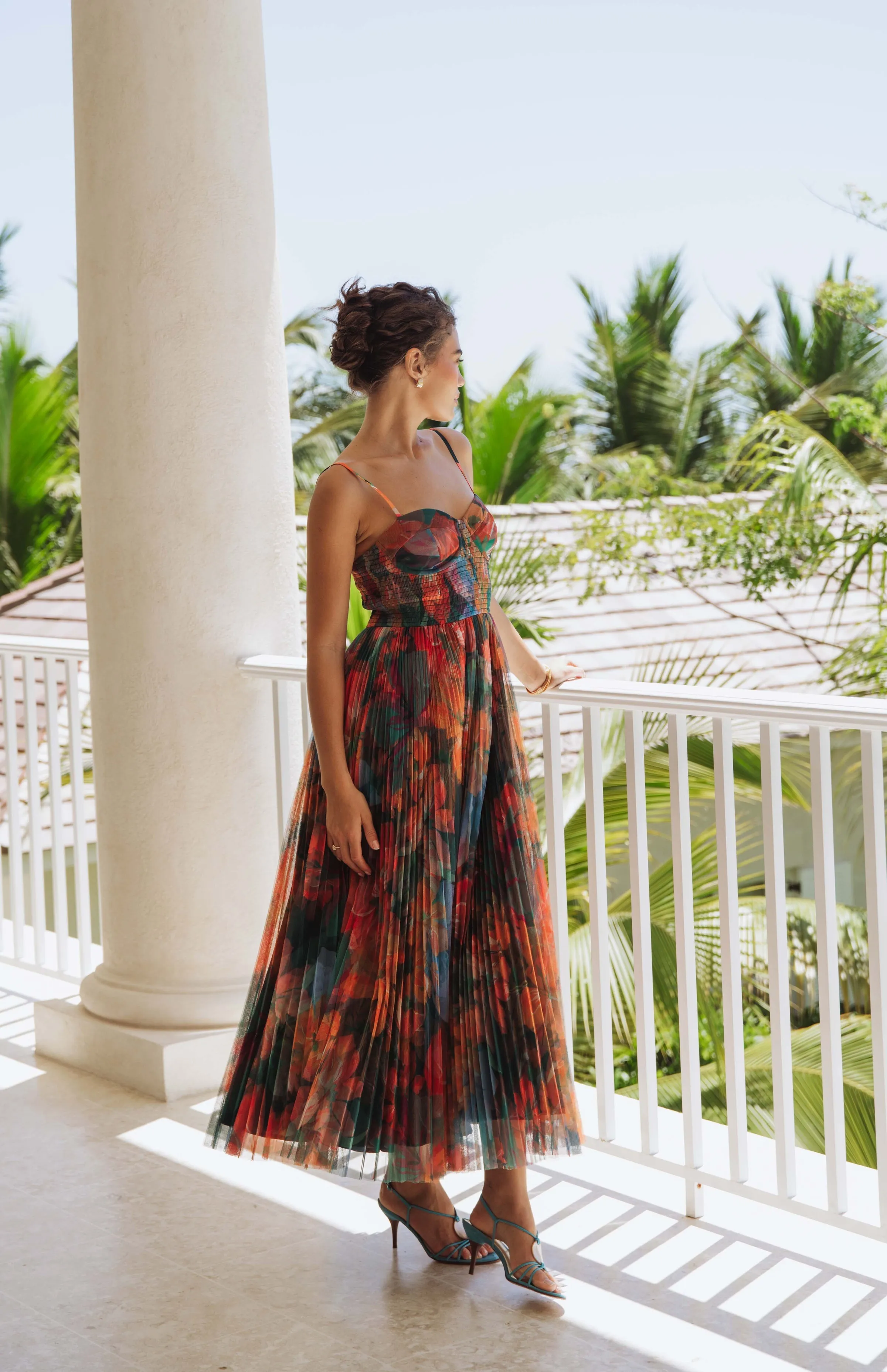 Gentle Look Flowy Cut Brianna Gown in Teal Multi Overlay Hibiscus Floral
