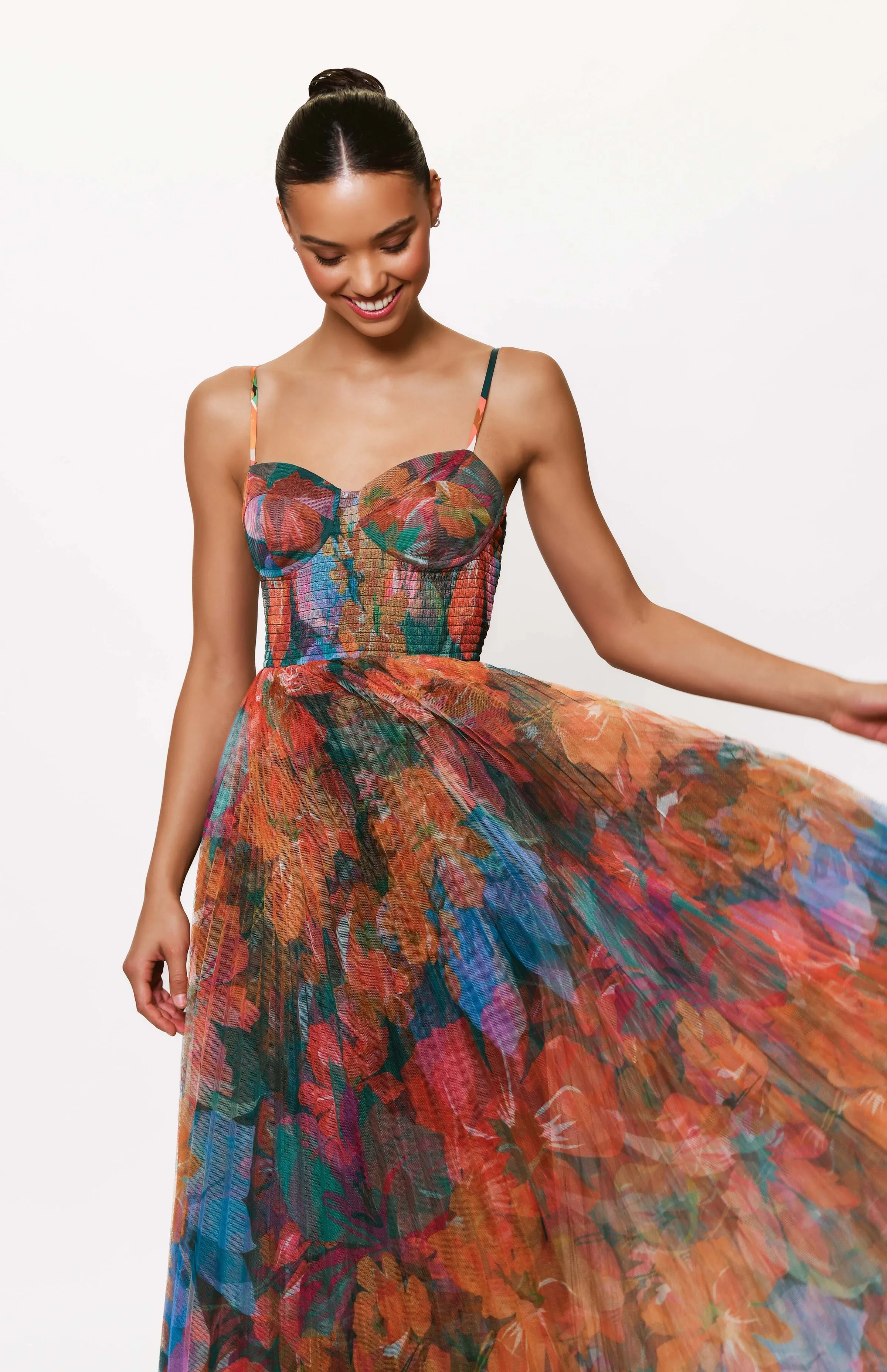 Brianna Gown in Teal Multi Overlay Hibiscus Floral Jewel Accent