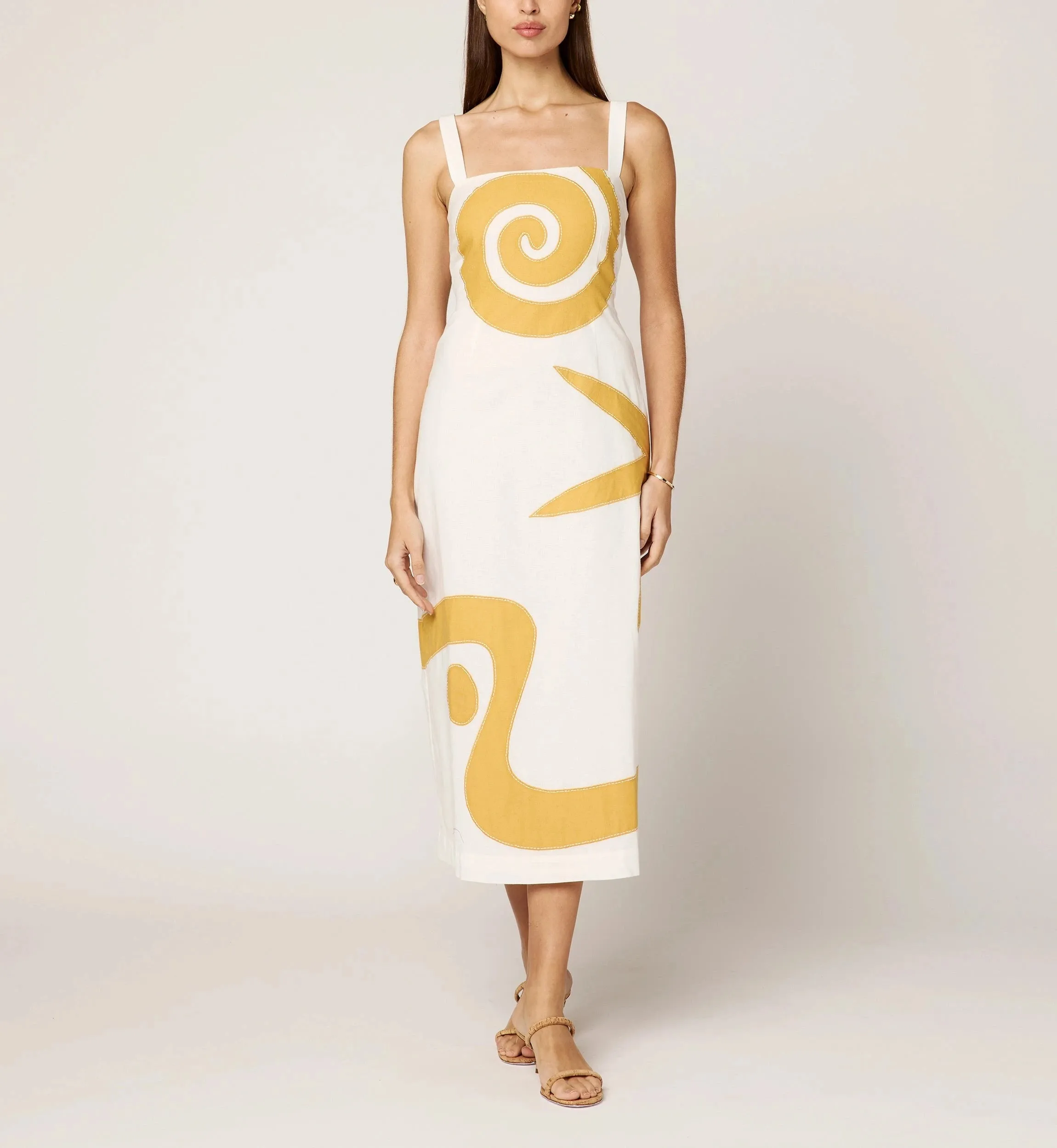 Rhinestone-Detail Brie Midi Dress | Ivory/Ochre