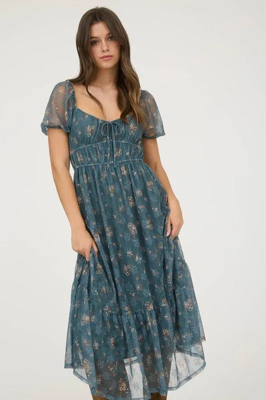 Raelynn Sheer Floral Puff Sleeve Front Tie Midi Dress Visual Balance