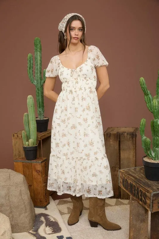 Raelynn Sheer Floral Puff Sleeve Front Tie Midi Dress Lightweight and Breezy Smart Comfort