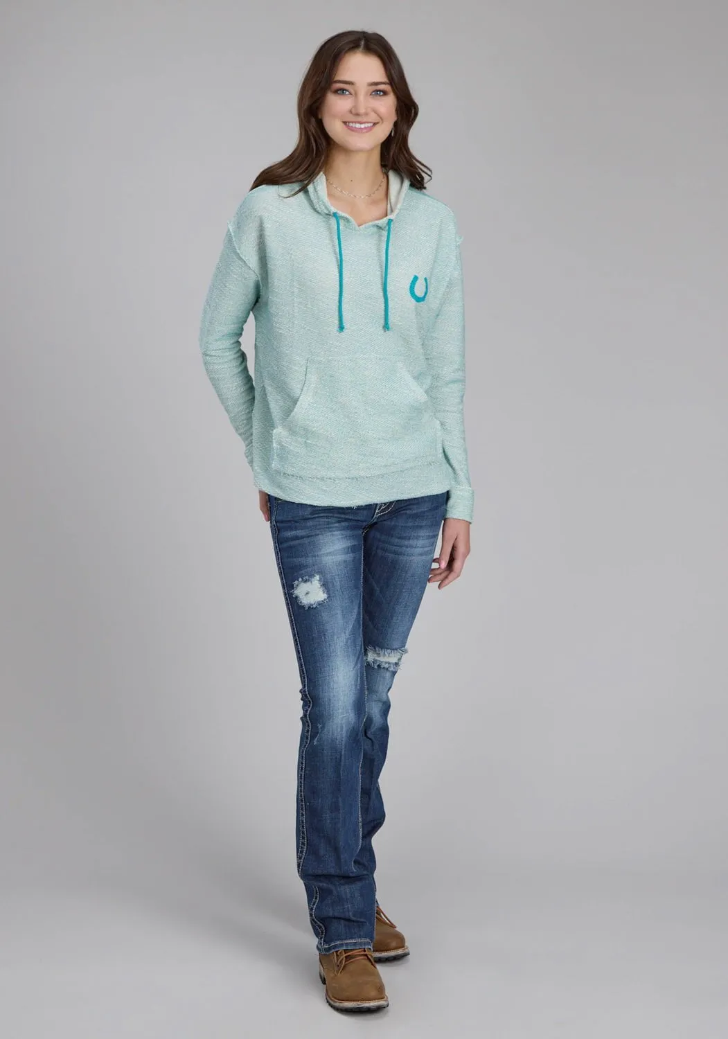 Roper Womens Knit Horseshoe Cream/Aqua 100% Cotton Hoodie Neutral design