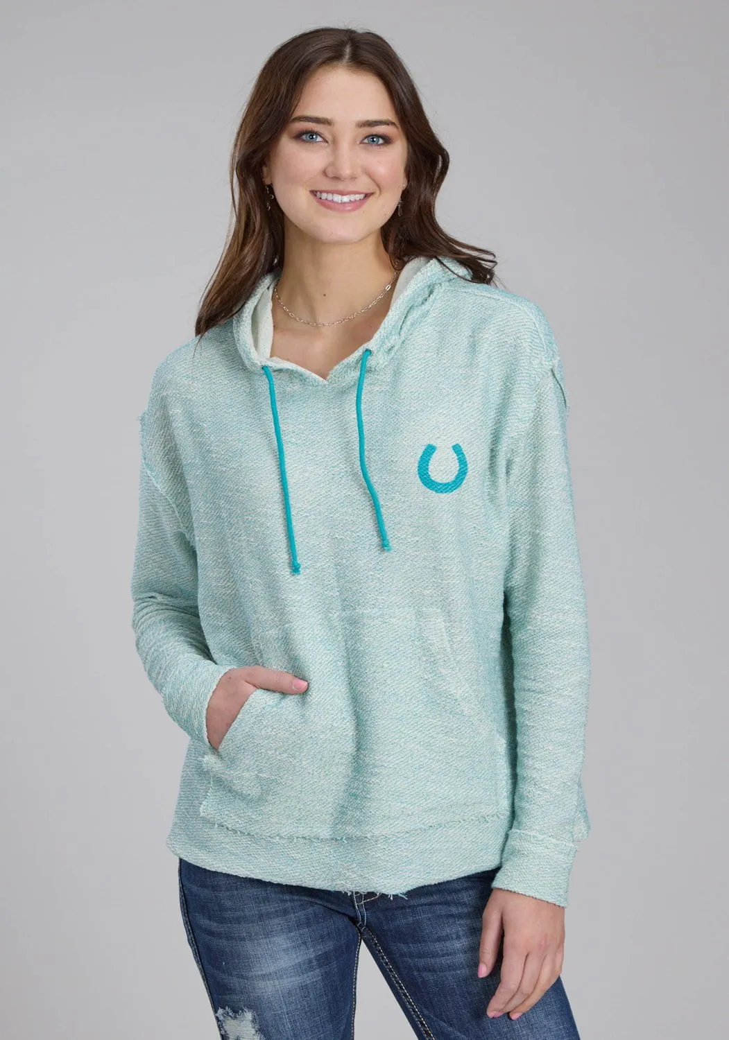Roper Womens Knit Horseshoe Cream/Aqua 100% Cotton Hoodie Sleek Fit Relaxed Feel