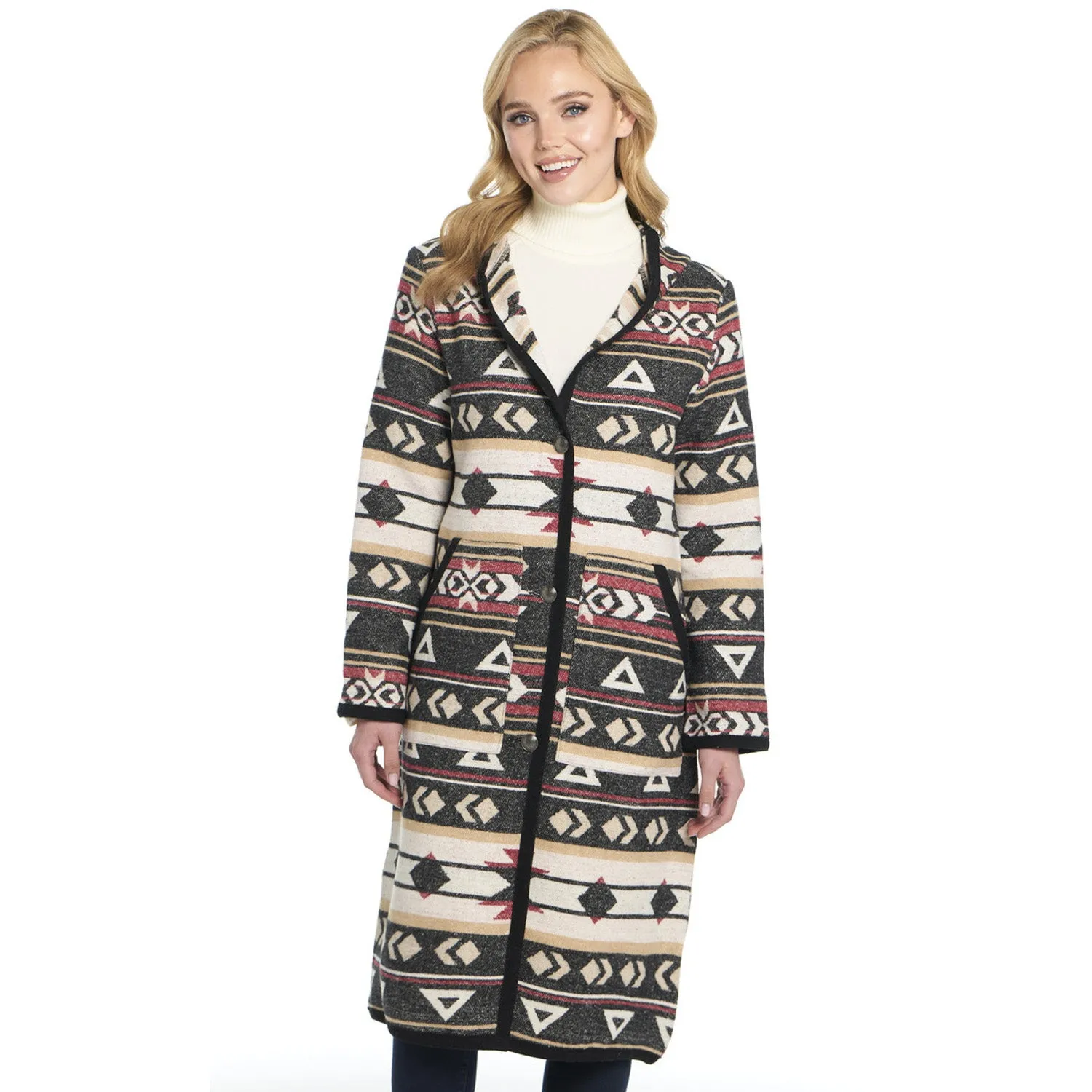 Casual Element Simple Aesthetic Cripple Creek Womens Button Front Navajo Blanket Red Birch Polyester Duster Coat