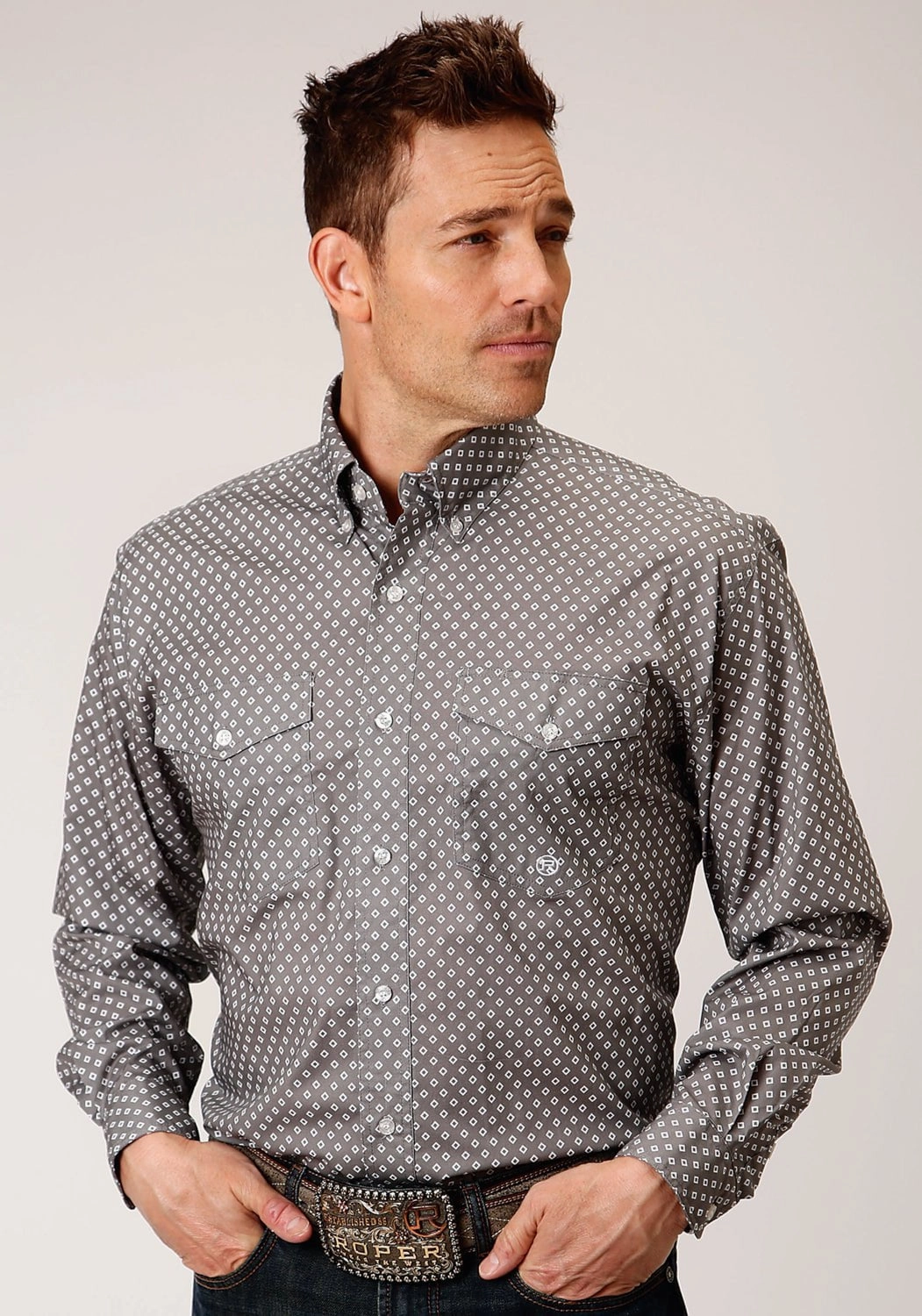 Practical Choice Soft Stretch Collar Roper Mens Grey Cotton Blend Diamond Poplin BD L/S Btn Shirt