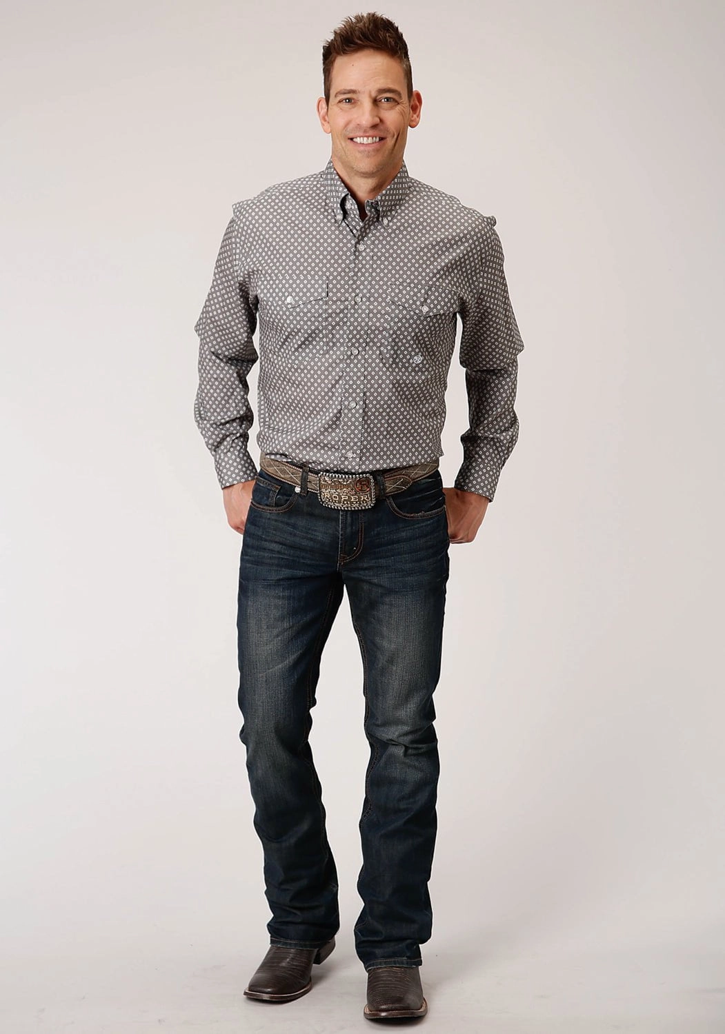 Roper Mens Grey Cotton Blend Diamond Poplin BD L/S Btn Shirt Lightweight Fabric Fade Resistant Formula