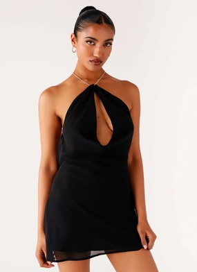 Burnt Orange Key Hole Cowl Neckline Mini Dress - Black Adjustable Straps City Essential Key Hole Cowl Neckline Mini Dress - Black