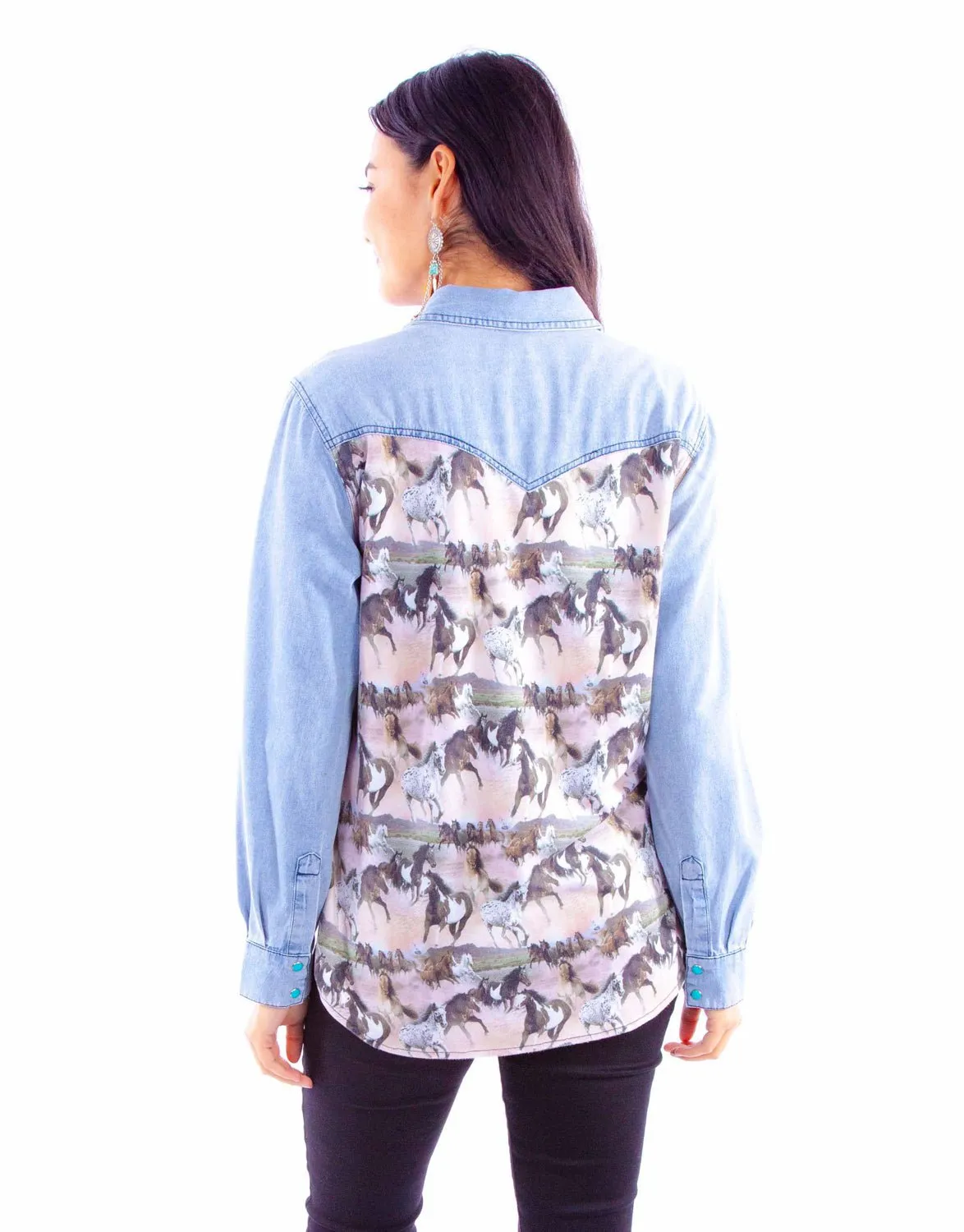 Scully Womens Running Horses Scene Denim Cotton Blend L/S Shirt Fashion Layer Versatile Piece
