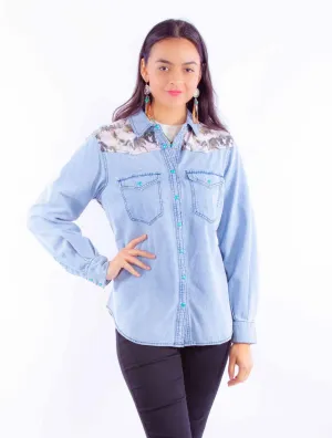 Button Down Scully Womens Running Horses Scene Denim Cotton Blend L/S Shirt Hooded Neckline Linen blend Scully Womens Running Horses Scene Denim Cotton Blend L/S Shirt