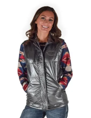 button fly Cowgirl Tuff Womens Midweight Logo Silver 100% Polyester Softshell Vest Compact Weave Technology Durable Minimalist Style Party Look Cowgirl Tuff Womens Midweight Logo Silver 100% Polyester Softshell Vest