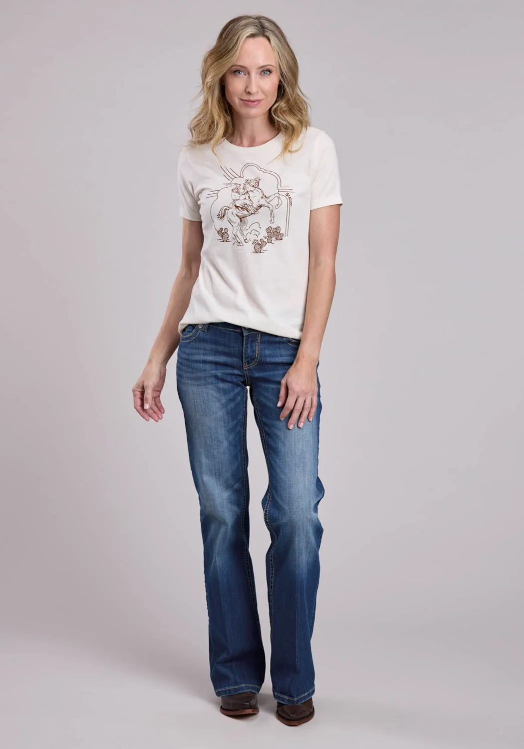 Anti Static Treatment Stetson Womens Rearing Cowgirl Natural Cotton Blend S/S T-Shirt