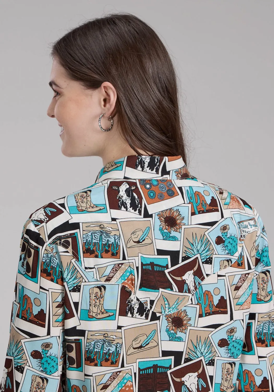 Roper Womens Photo Collage Multi-Color 100% Rayon L/S Blouse Sporty Layer Bold Print