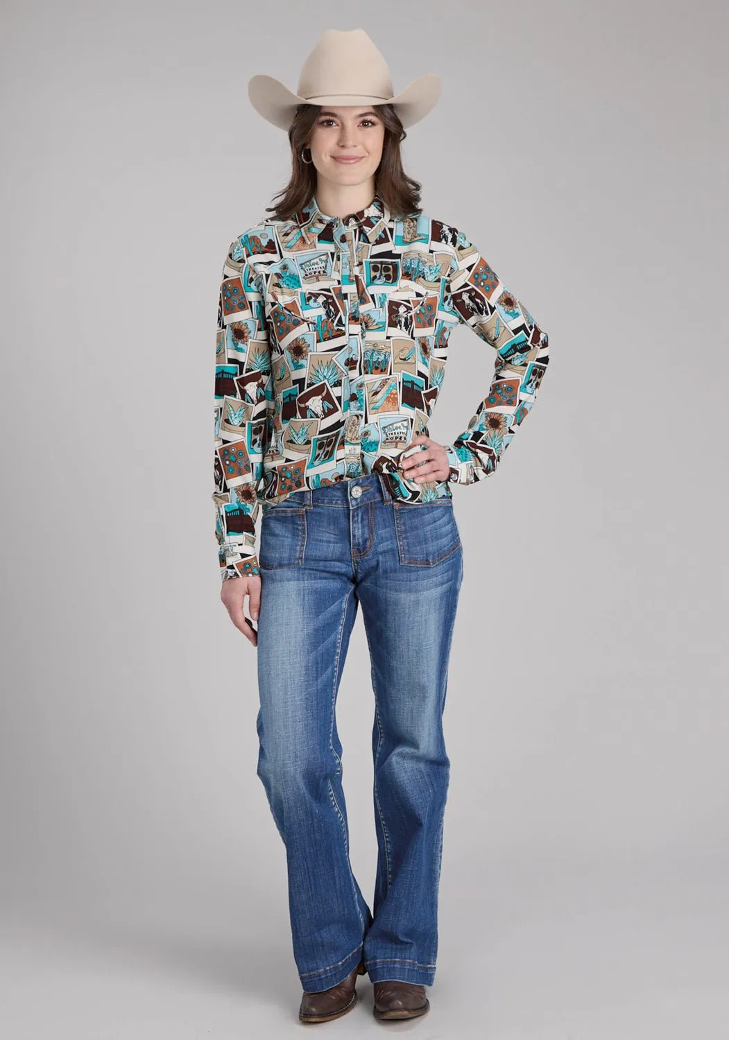 Sleek Style elegant design Roper Womens Photo Collage Multi-Color 100% Rayon L/S Blouse