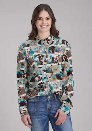 Buttoned Cuffs Roper Womens Photo Collage Multi-Color 100% Rayon L/S Blouse Bold Prints Daytime Look Roper Womens Photo Collage Multi-Color 100% Rayon L/S Blouse