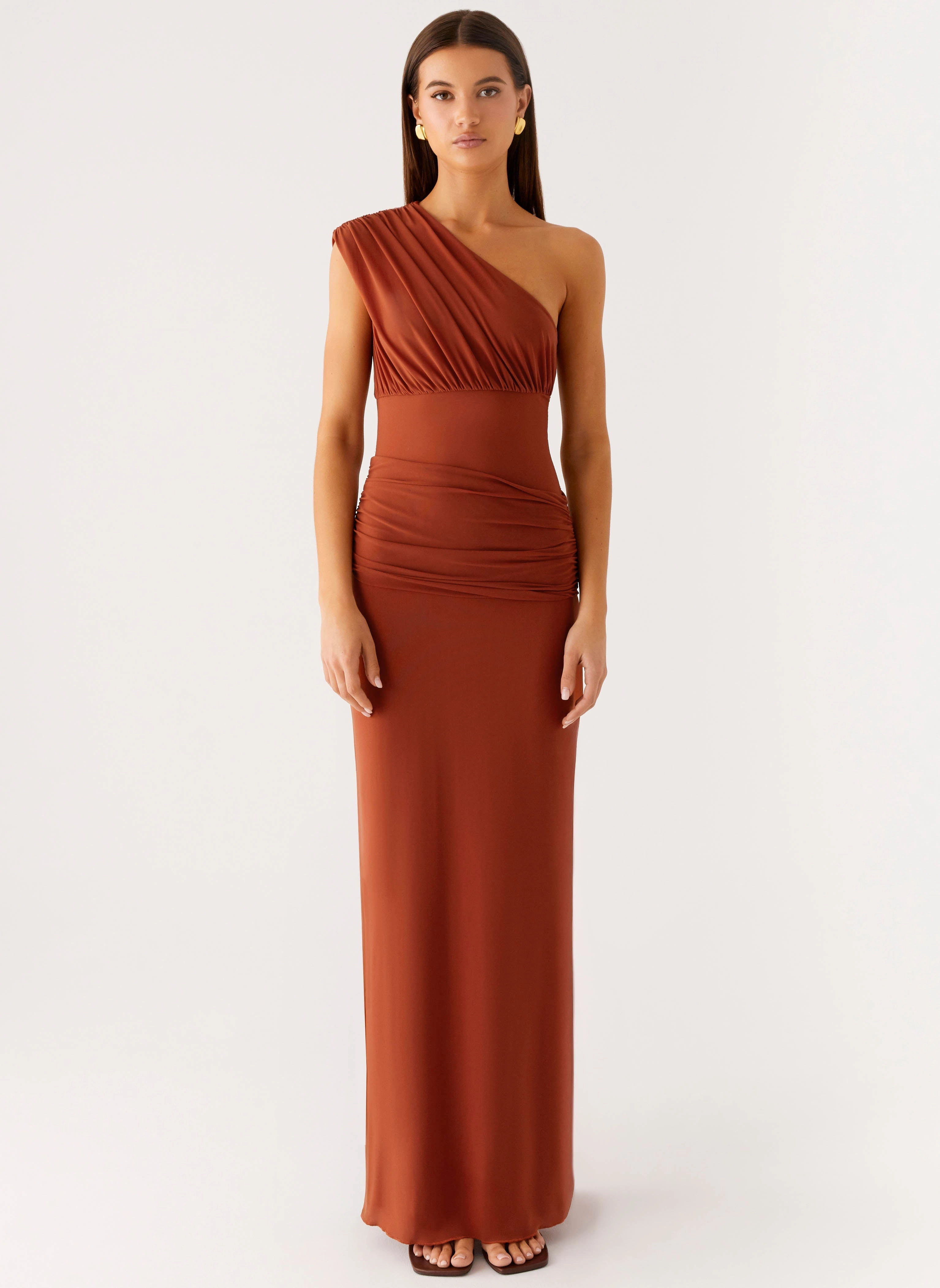 Event Favorite Neutral Form Glimmer Maxi Dress - Rust