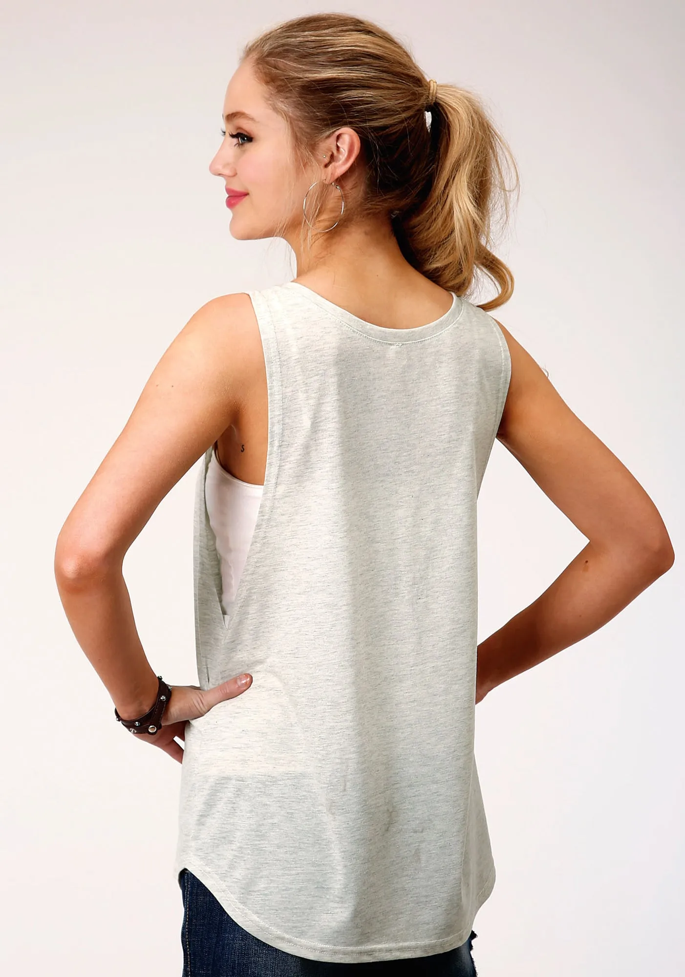 Roper Womens Grey Poly/Rayon Glitter Cactus S/L Tank Top Geometric Pattern Static Dissipating Fiber