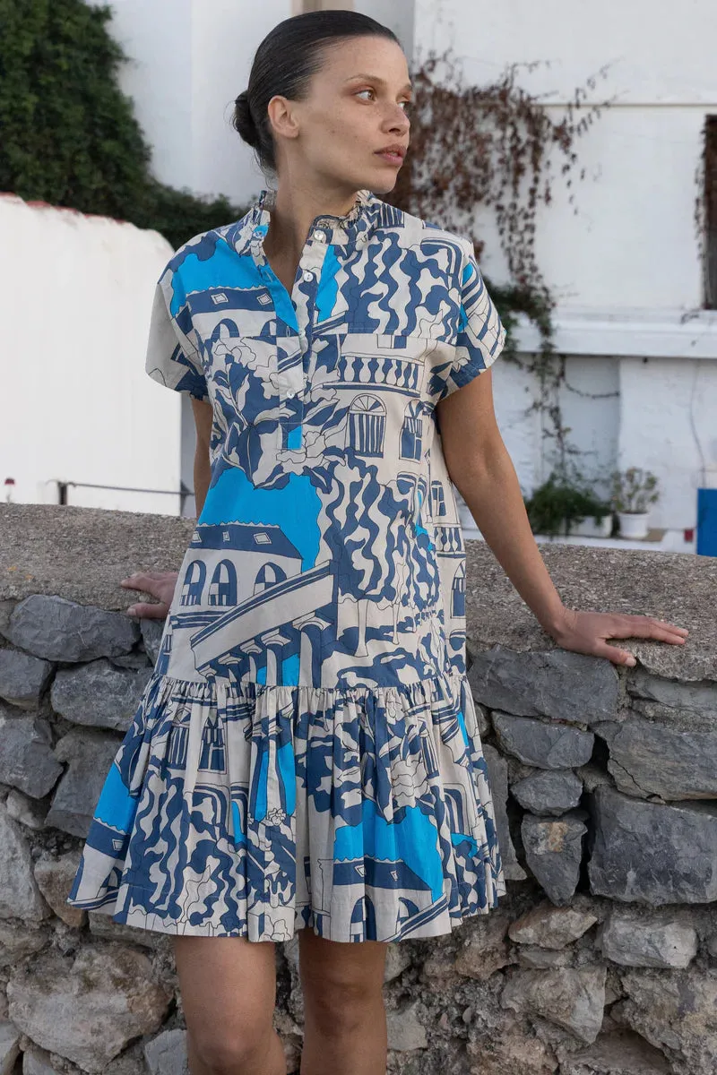 Work Fit Clean Flow Cap Sleeve Mini Dress in Roma Blue