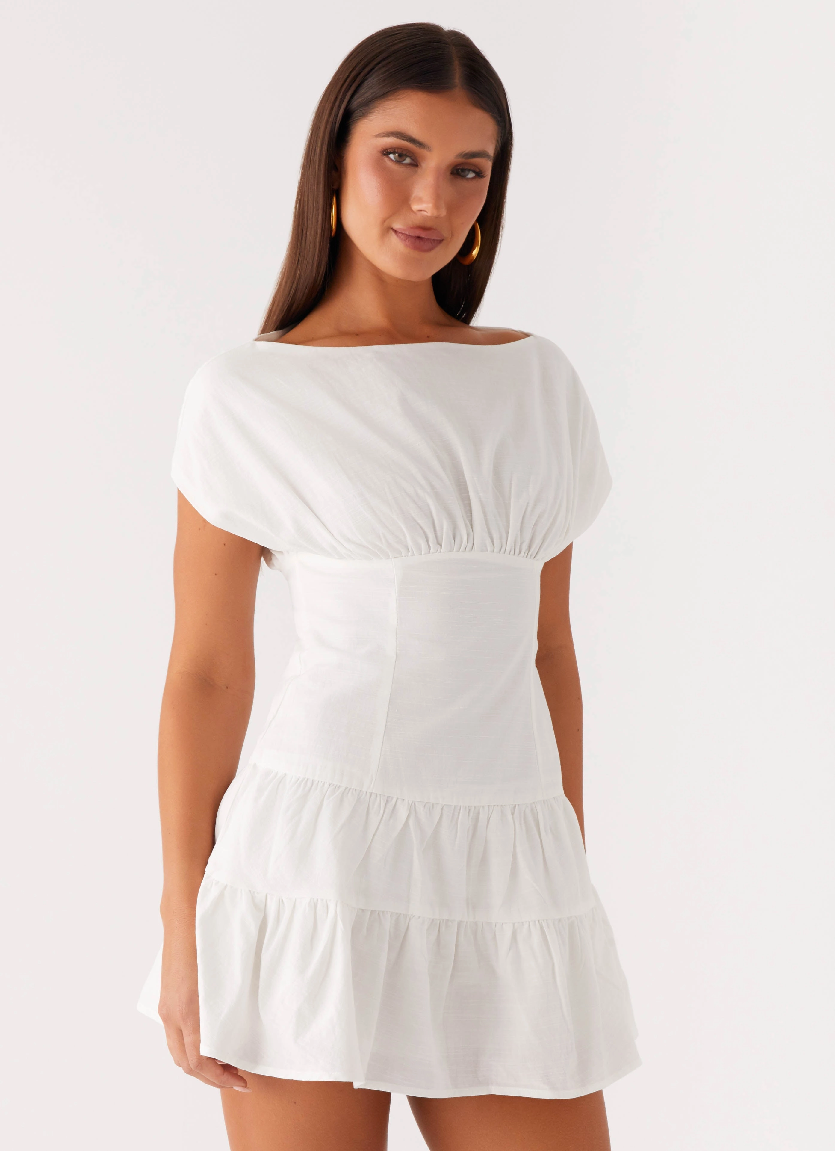 Ember Haze Boat Neck Mini Dress - Off White Timeless Waistband Fit Effortless Wear