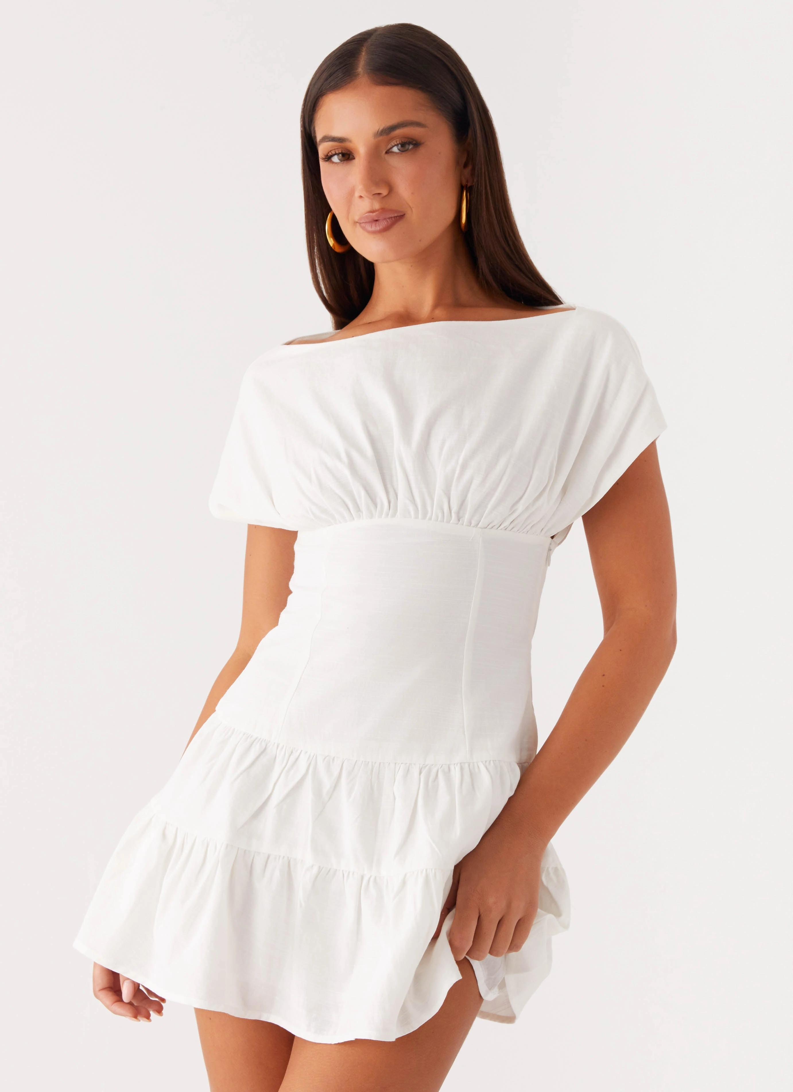 Ember Haze Boat Neck Mini Dress - Off White Smile Soft