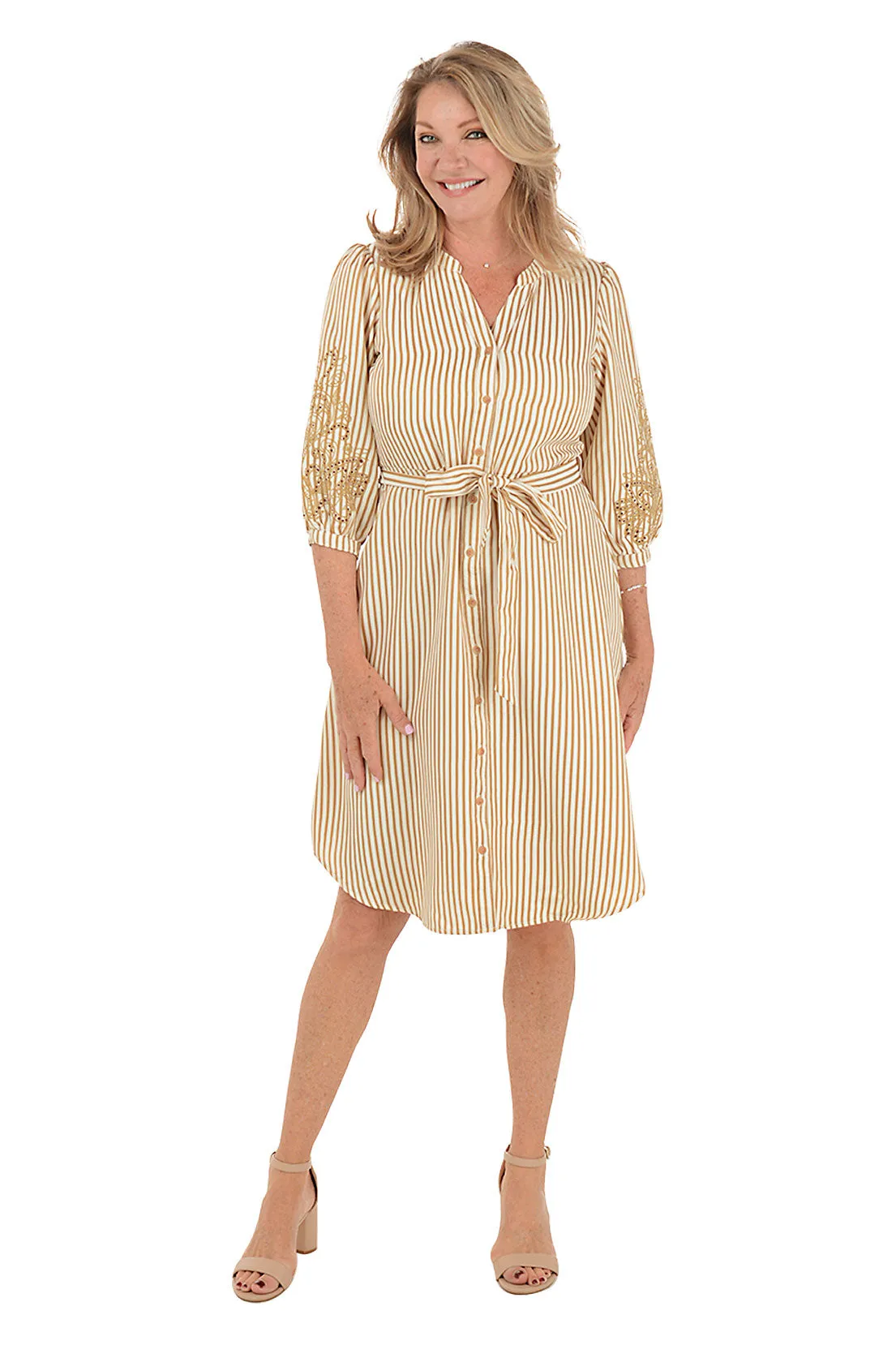 Caramel Embroidered Sleeve Seersucker Stripe Dress Bohemian-Style Sleek Volume