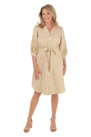 Caramel Embroidered Sleeve Seersucker Stripe Dress Relaxed Comfort Caramel Embroidered Sleeve Seersucker Stripe Dress Bohemian-Style Sleek Volume