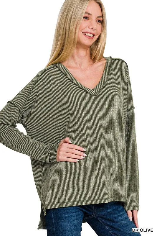 Carly Corded Rib Long Sleeve Hi-low V Neck Top S-XL Low Impact Manufacturing