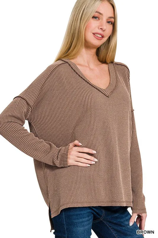 Easy Look Bold Style Carly Corded Rib Long Sleeve Hi-low V Neck Top S-XL