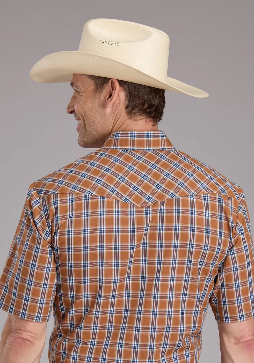 Roper Mens 2411 Plaid Rust Cotton Blend S/S Shirt Polished Finish