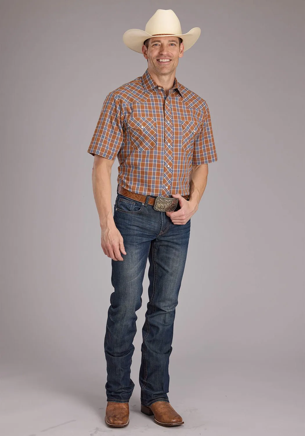 Double Stitched Hems Military Inspired Roper Mens 2411 Plaid Rust Cotton Blend S/S Shirt