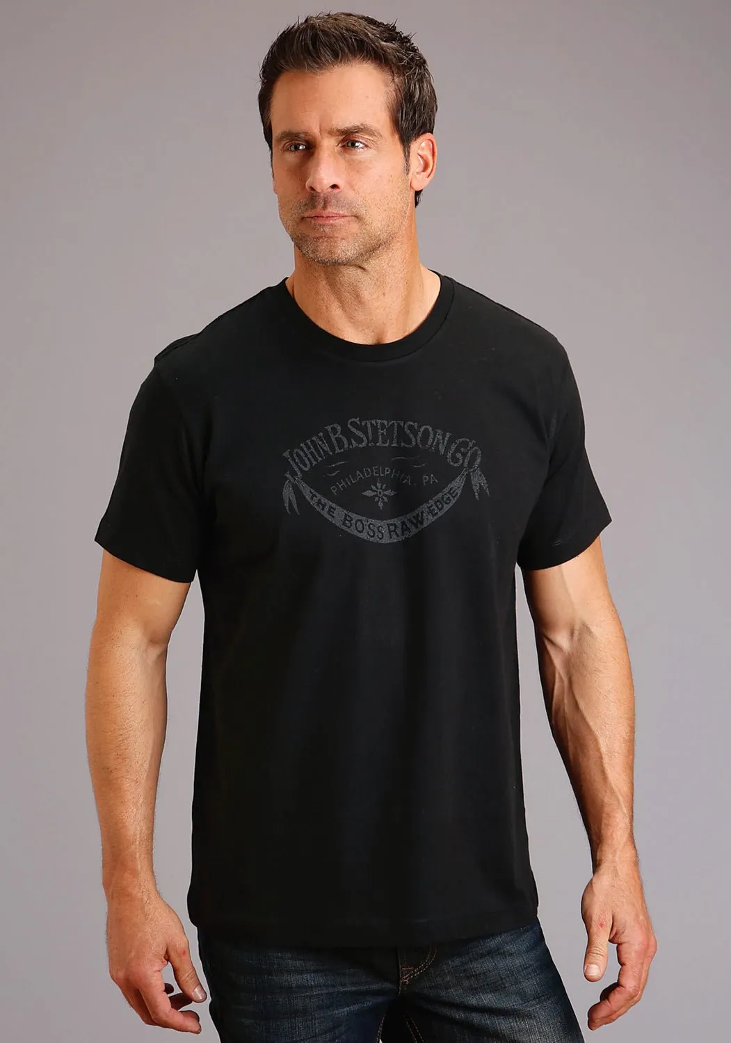 Stetson Mens Black 100% Cotton The Boss S/S Raw Edge T-Shirt Tuckable Hem