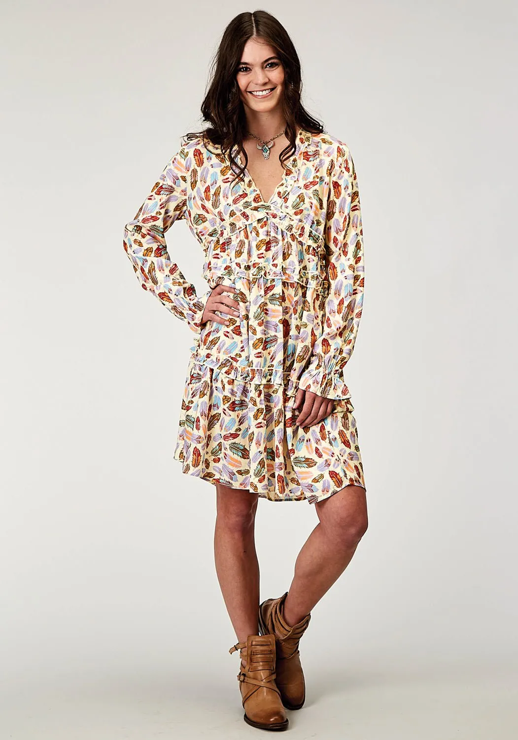 Comfortable Outfit Roper Womens 1990 Feather Toss Multi-Color 100% Rayon L/S Dress