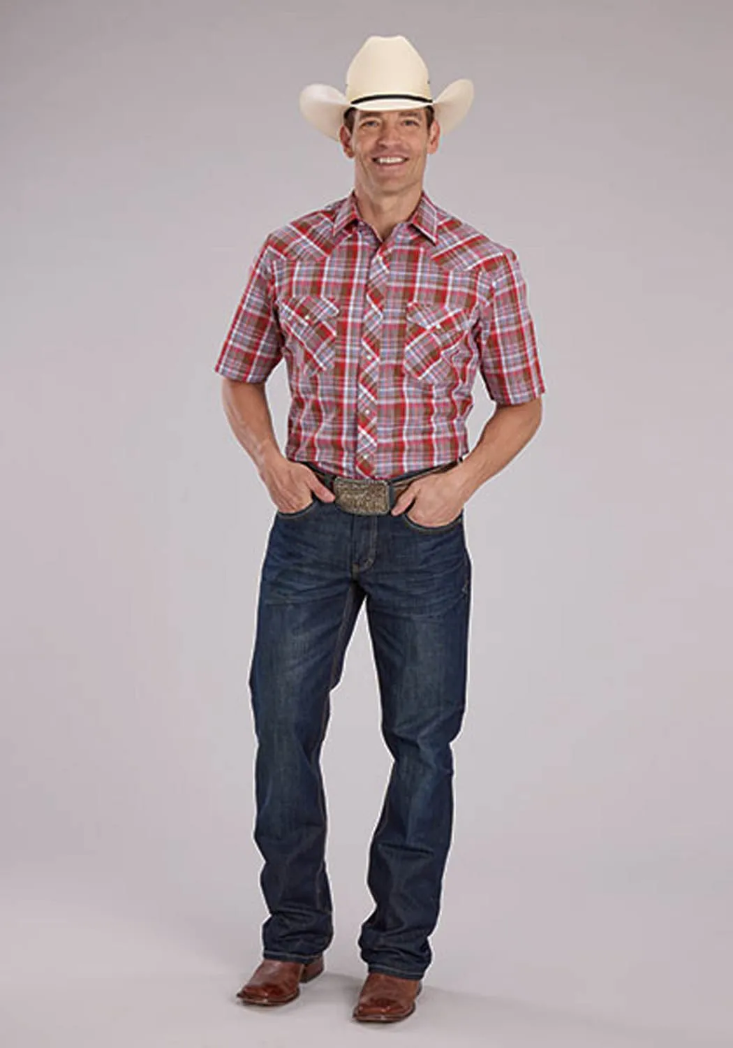 Roper Mens 2487 Western Plaid Brown/Red Cotton Blend S/S Shirt Solid Hue Minimalist Aesthetic