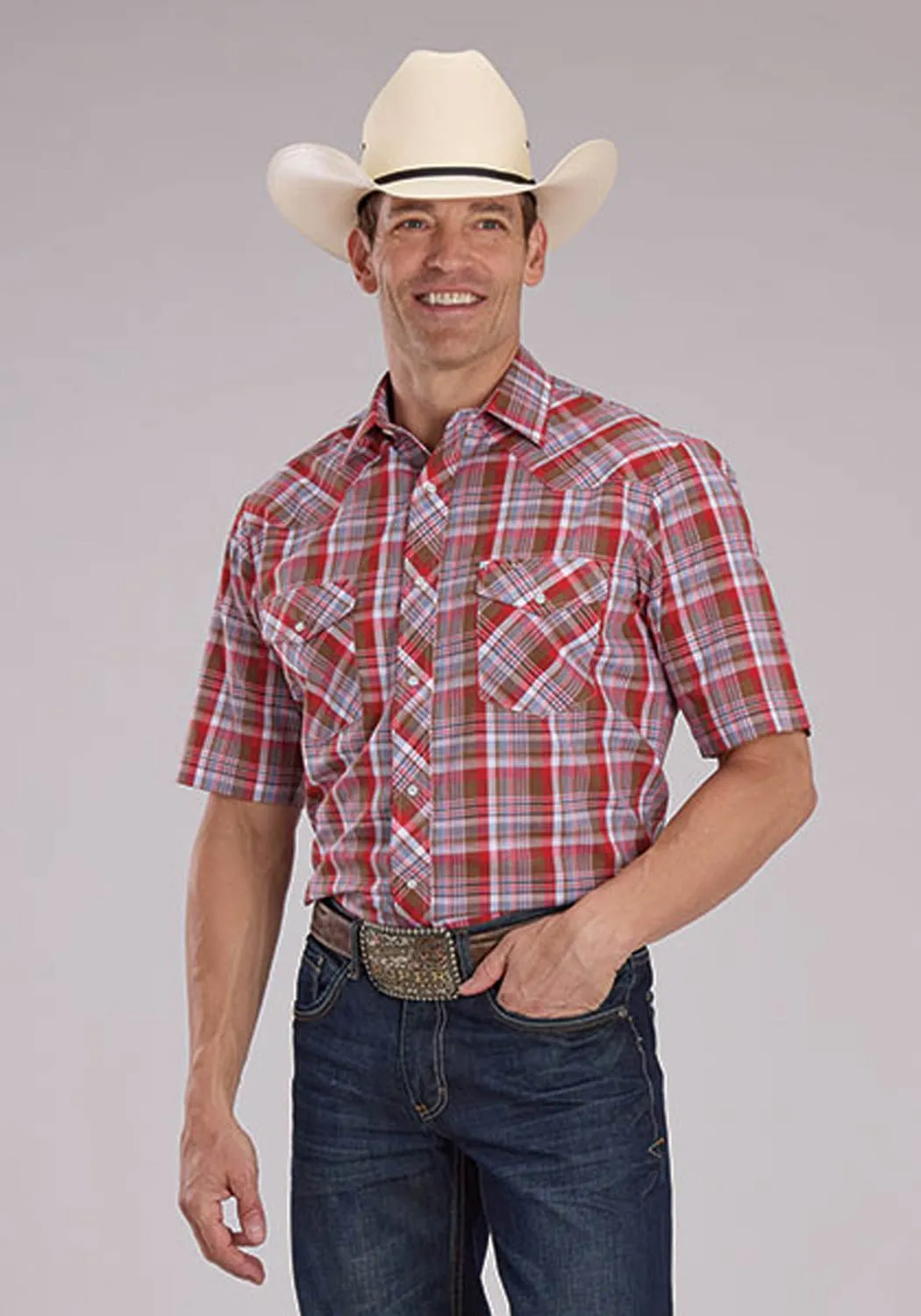 Roper Mens 2487 Western Plaid Brown/Red Cotton Blend S/S Shirt Weekend Outing Striped Design
