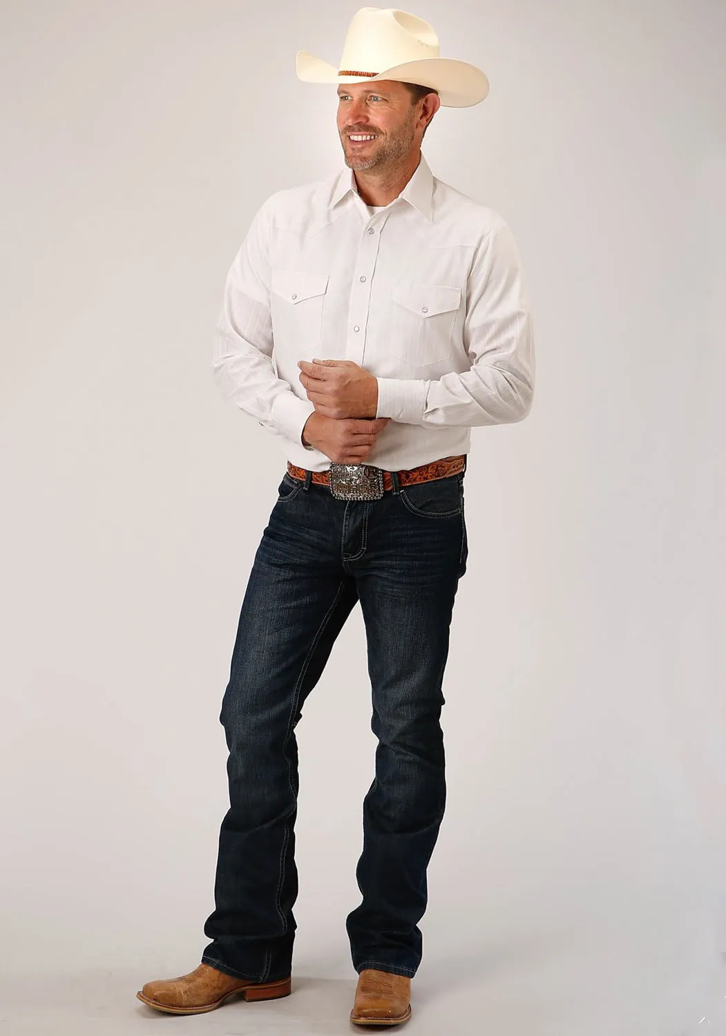 Cool Comfort Night Out Roper Mens 80/20 Stripe White 80% Polyester/20% Cotton L/S Shirt