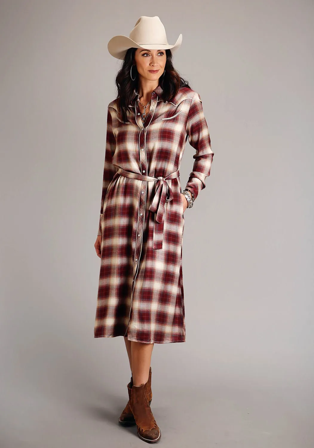 Easy Routine Work Ready Soft Stetson Womens Black Cherry Ombre Red 100% Rayon L/S Dress