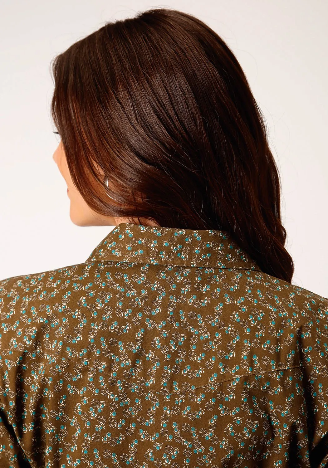 Style Daily Casual Comfort Roper Womens Brown/Turquoise Cotton Blend Mini Floral L/S Shirt