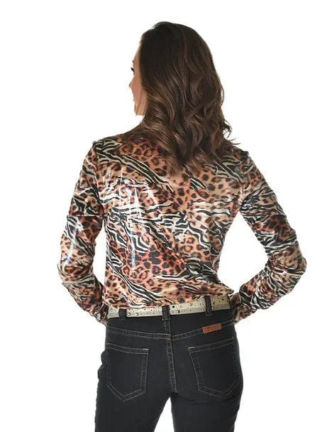 Corporate Event Cowgirl Tuff Womens Velvet Animal Print Multi-Color Polyester L/S Shirt