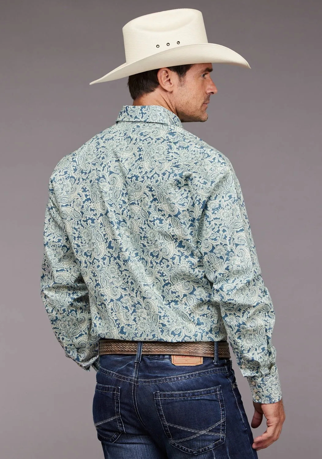 Stetson Mens 2034 Tonal Paisley Blue 100% Cotton L/S Shirt Smart Look Fall Fashion