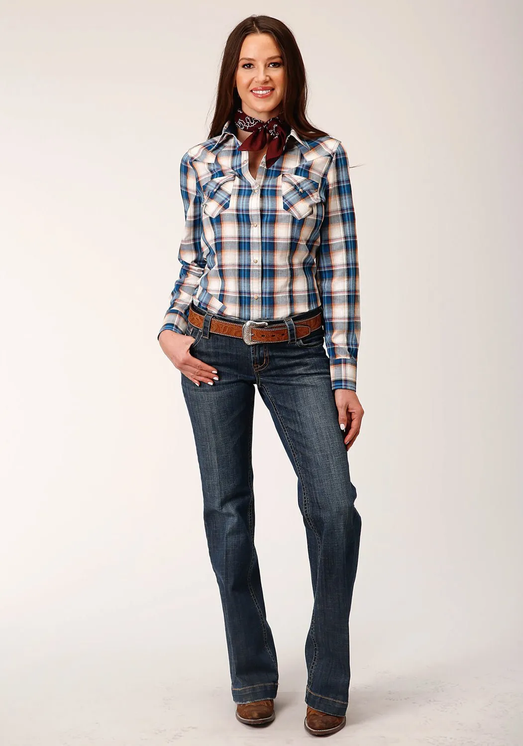 Roll-Up Sleeve Roper Womens Denim Plaid Blue 100% Cotton L/S Shirt