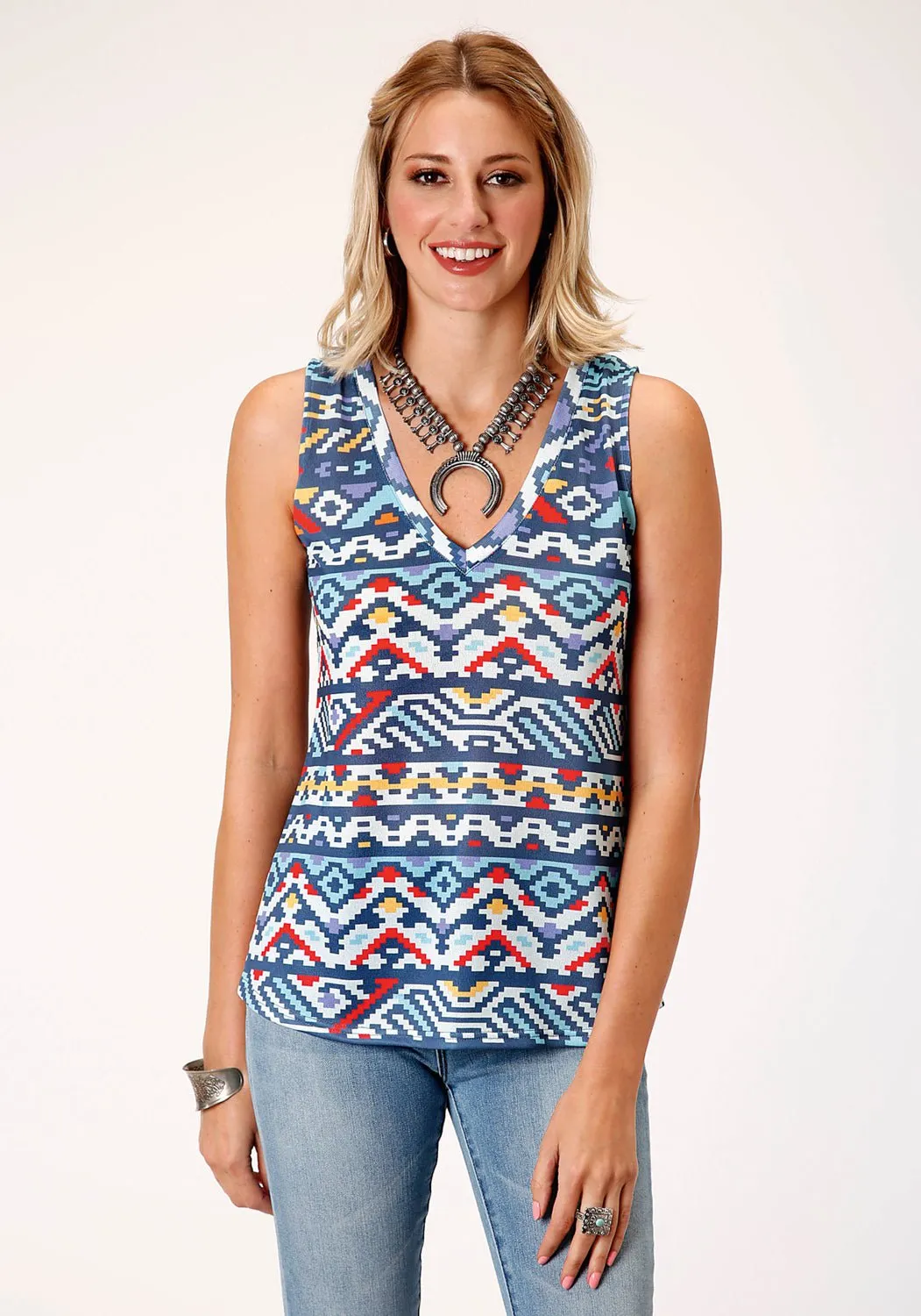 Student Essential Roper Womens Multi-Color Polyester Aztec Knit S/L Tank Top