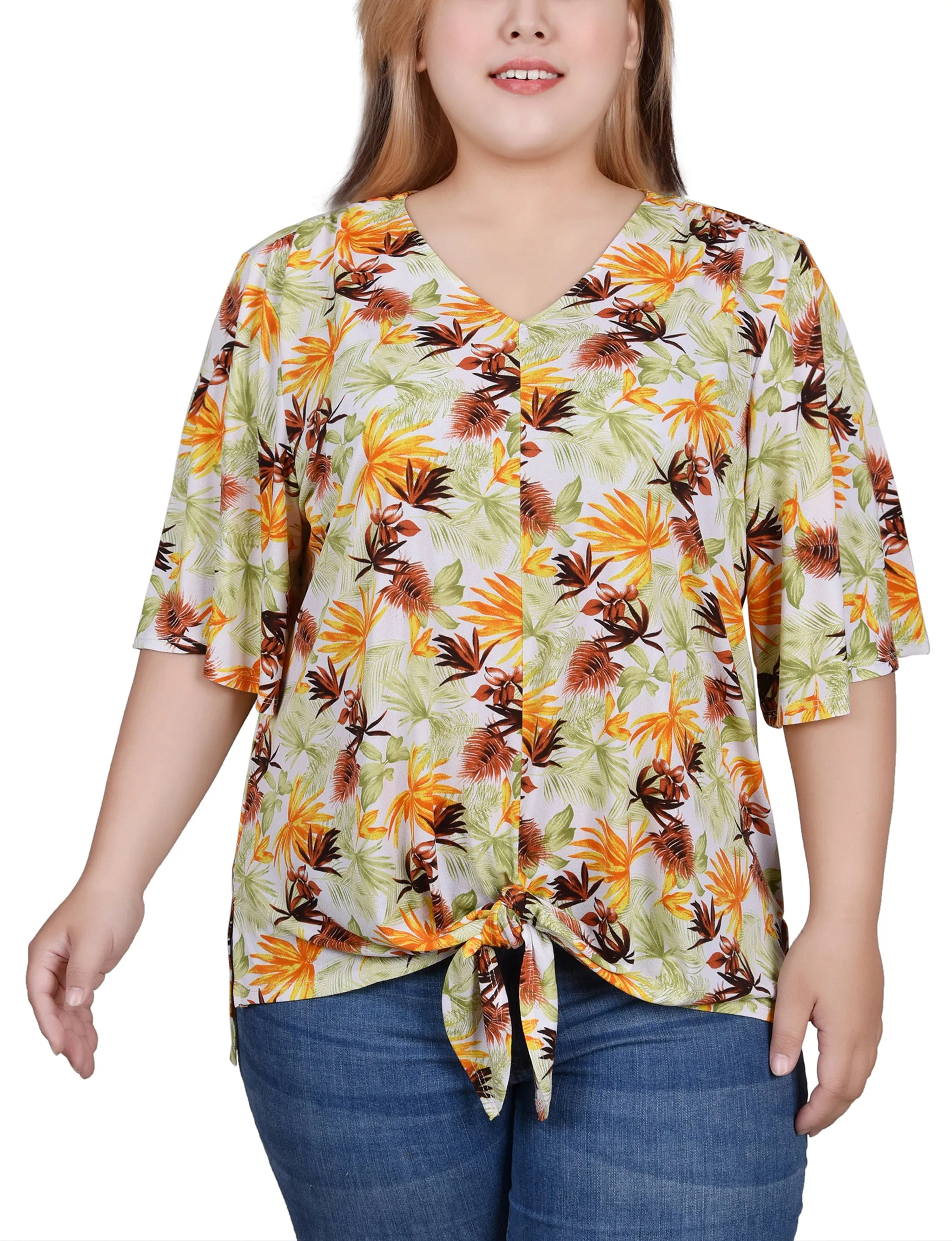 Plus Size Elbow Sleeve Tie-Front Top Bridal-Shower Ruffle Detail