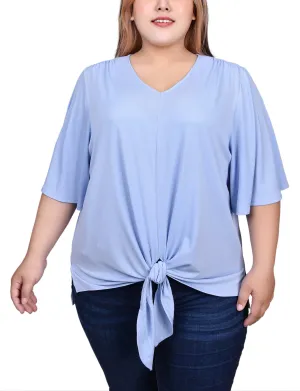 Casual Fit Wear Plus Size Elbow Sleeve Tie-Front Top Sheer Element Plus Size Elbow Sleeve Tie-Front Top