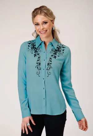 Casual Layer Roper Womens Floral Challis Blue 100% Rayon L/S Blouse Roper Womens Floral Challis Blue 100% Rayon L/S Blouse Premium Comfort