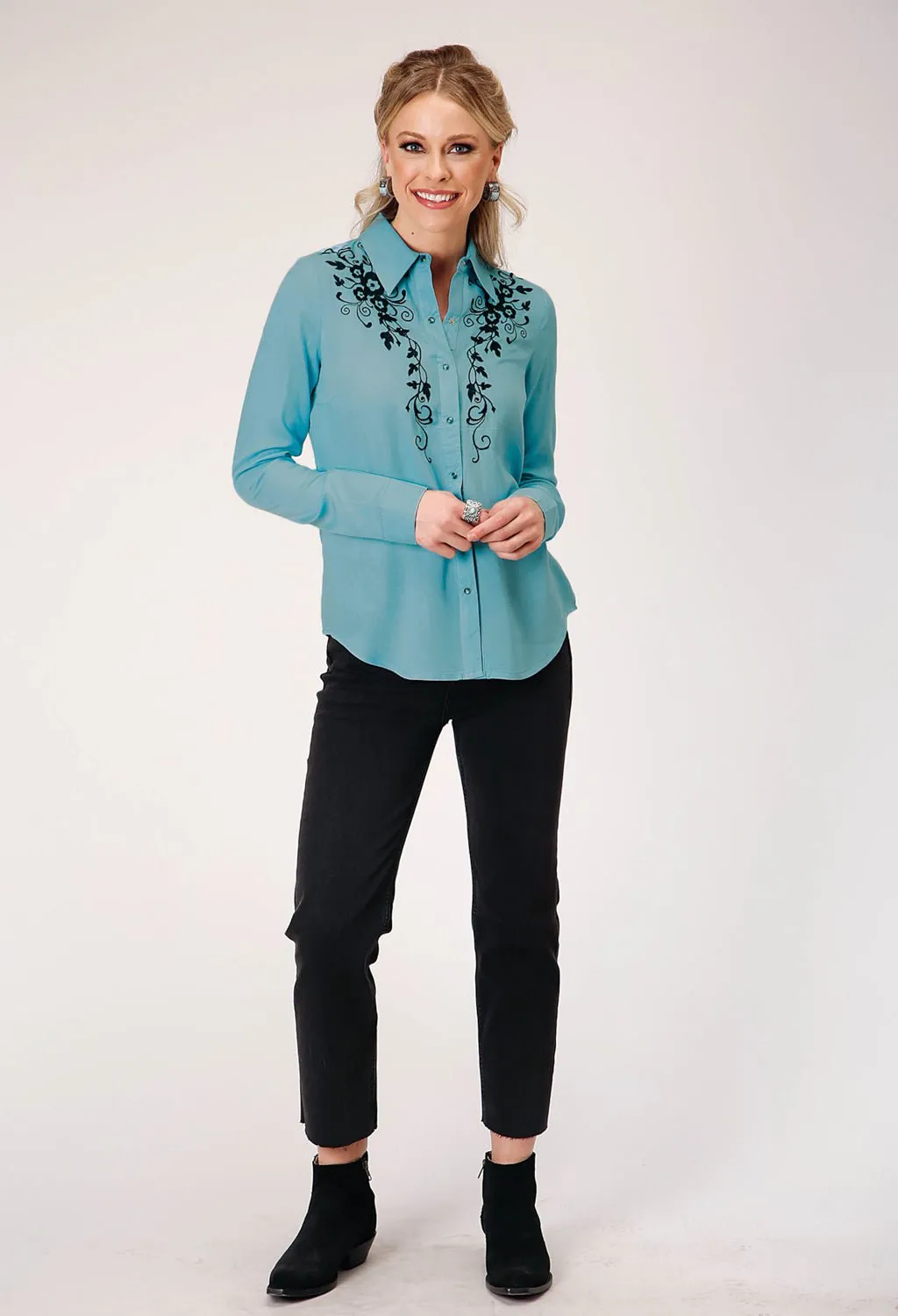 Roper Womens Floral Challis Blue 100% Rayon L/S Blouse Chilly Day Wear Versatile Look