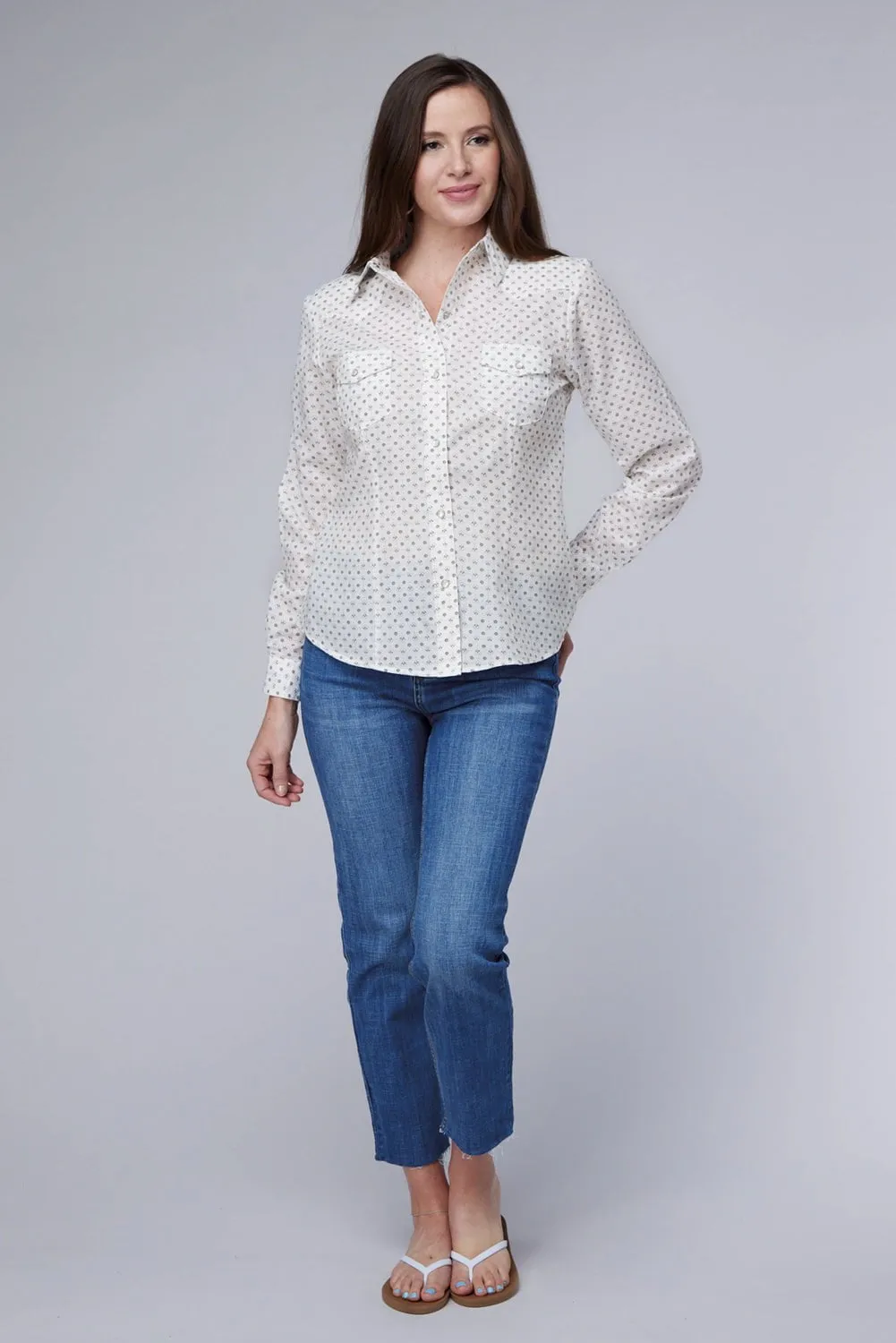 Sustainable Weave Roper Womens 2065 Mini Floral White Cotton Blend L/S Shirt