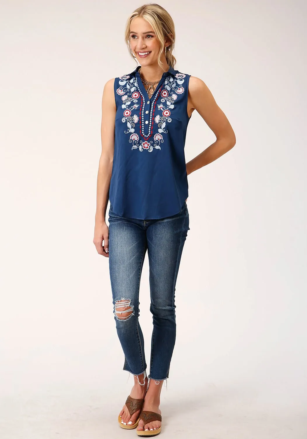 Roper Womens Floral embroidery Navy 100% Polyester S/L Blouse Seamless Sides Minimalist fashion