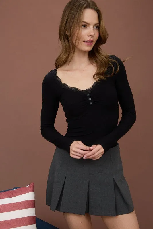 Soft and Lightweight OWEN LACE TRIM BUTTON DETAIL LONG SLEEVE KNIT TOP
