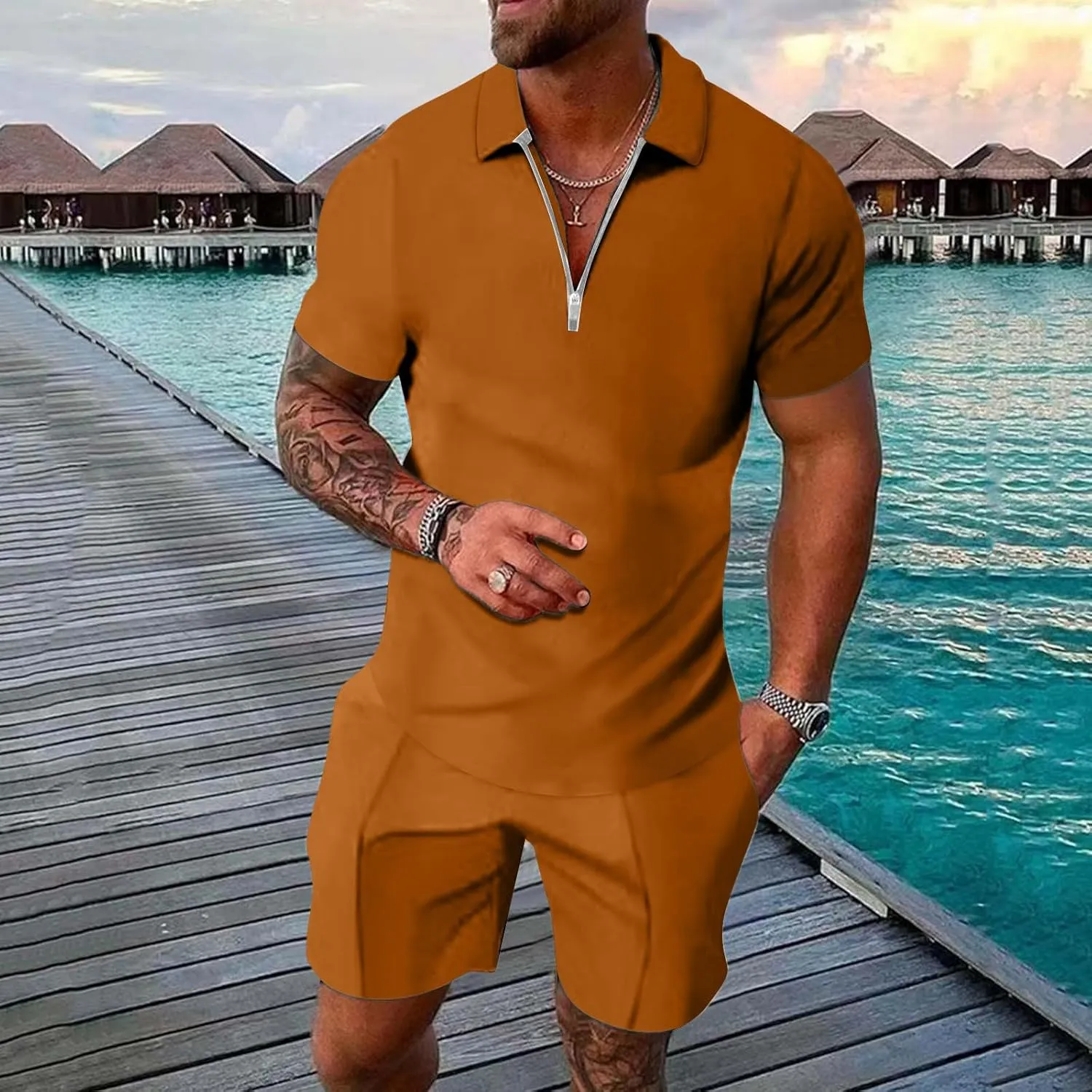 Casual Printed Outfits for Men 2 Piece Set Short Sleeve Polo Shirts Shorts Set Summer Beach Leisure Outdoor Tracksuits