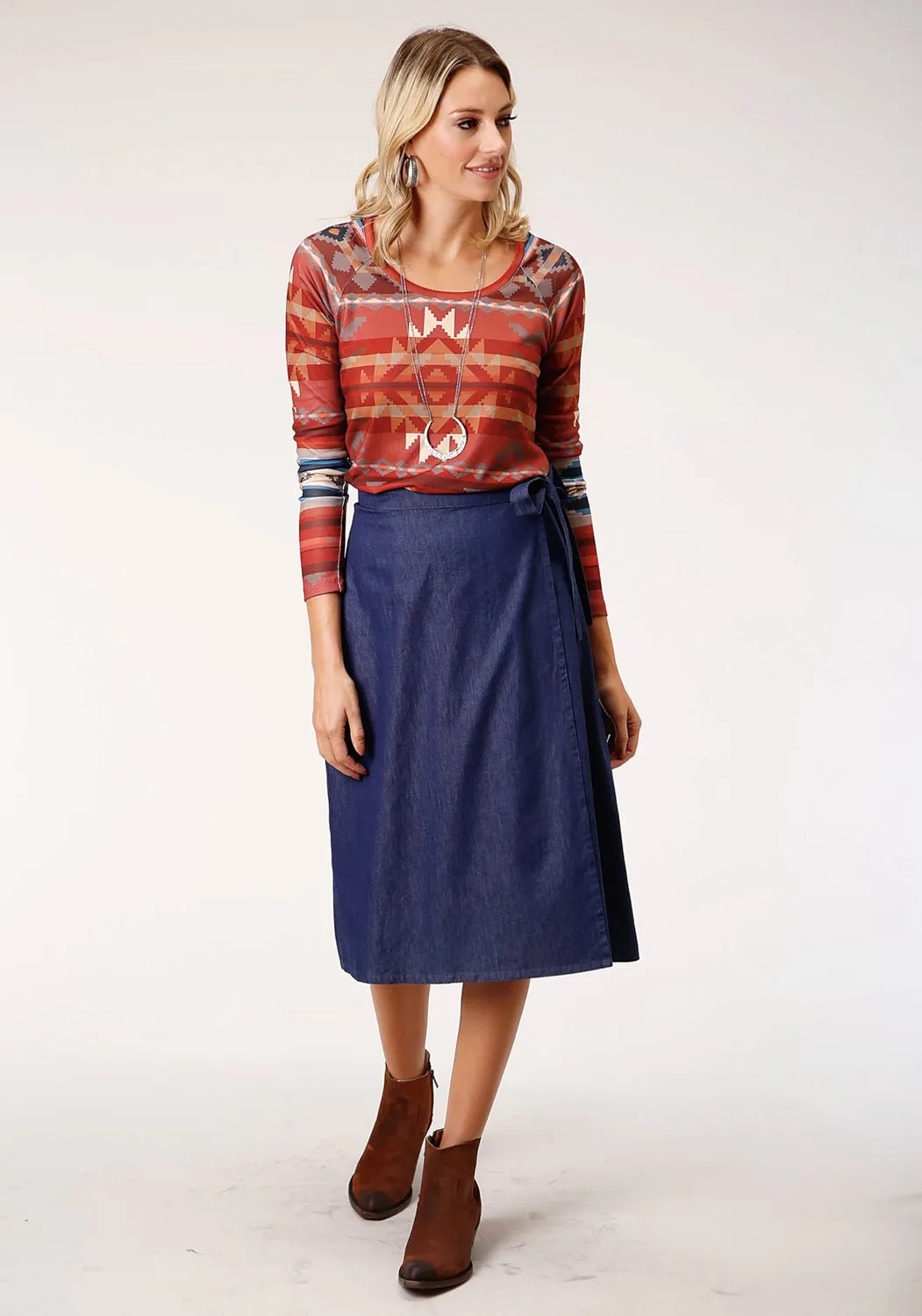 Rainy Day Vintage Lover Everyday Style Roper Womens Indigo Denim 100% Cotton Wrap Self Ties Skirt