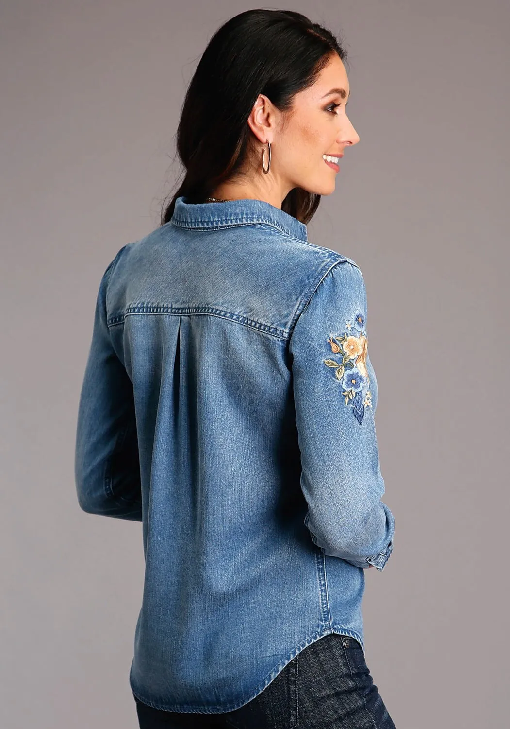 City Walk Smart Casual Stetson Womens Blue Denim Floral Embroidery L/S Blouse